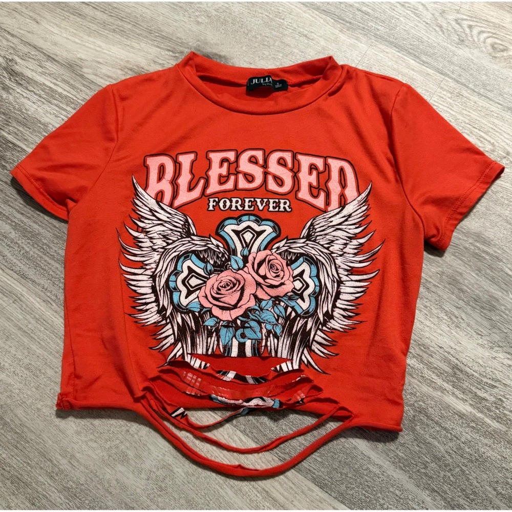 Julia by Love Blessed Forever Winged Rose Graphic Crop Top‎ Orange Red Small